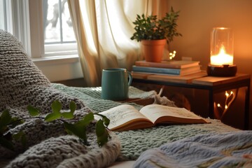 Comfortable Reading Nook with Knitted Throw and Lit Candle
