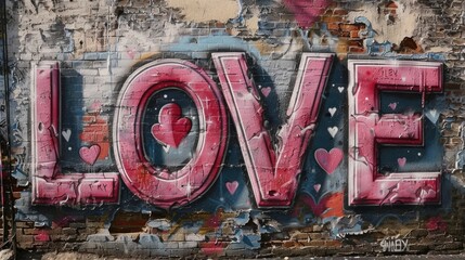 Urban Love Graffiti,  vivid graffiti mural spells out LOVE on an old brick wall, adding a splash of...
