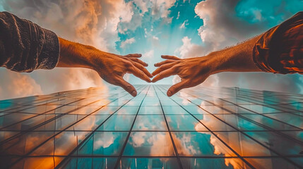 Floating above a reflective glass building that splits the sky, diverse hands come together, forming a bridge between the earth and the heavens - obrazy, fototapety, plakaty
