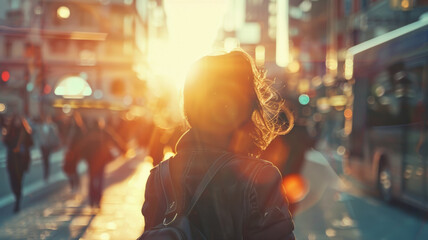 City bustle captured from behind a woman facing a setting sun. - obrazy, fototapety, plakaty