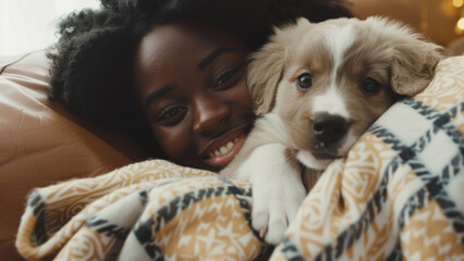 Woman with a joyful smile snuggling with a cute puppy under a blanket.