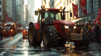Poster Urban Farm Tractor Protest, powerful red tractor stands amidst a city protest, symbolizing agricultural challenges and the intersection of rural and urban life © Anastasiia