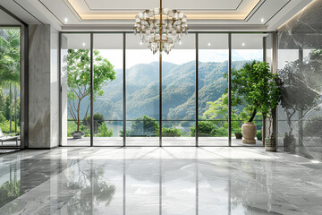 Modern style luxury white empty room with garden view 3d render There are gray marble tile wall and floor decorate with crystal chandelier overlooking nature view background