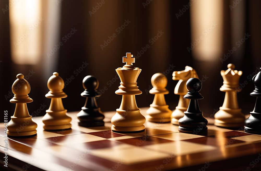 Wall mural chess pieces on a chessboard close-up in backlight