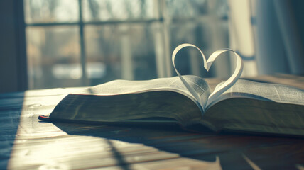 A book with pages forming a heart shadow in soft light.