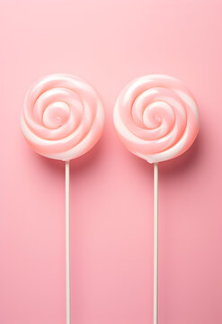 Two pink and white swirl lollipops with a glossy texture showcased on a complementary pastel pink background
