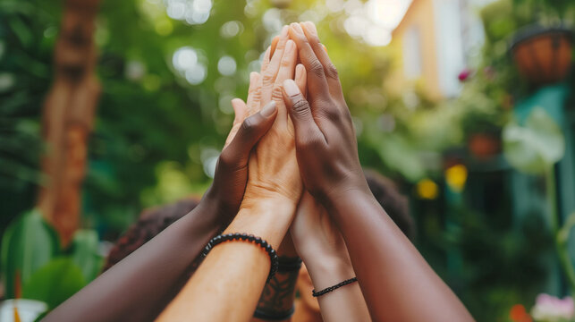 Diverse hands coming together in unity against a vibrant, green garden background