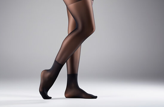 Slender female legs in nylon tights close-up on a light background
