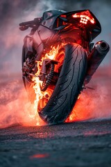 Motorcycle in Full Throttle with Fiery Wheel. Generative ai - obrazy, fototapety, plakaty