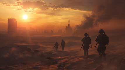 Fototapeta premium Futuristic soldiers advancing through a dusty desert at sunset.