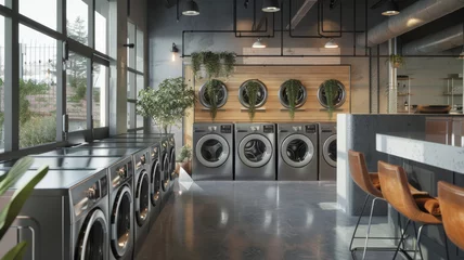 Fotobehang Sleek laundromat interior with modern washers and minimalist design. © VK Studio