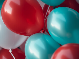 red and teal balloons, bundle of balloons, sunny day, zoomed in