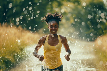Young African American woman running over the water. Sports and wellbeing concept. High quality photo - obrazy, fototapety, plakaty
