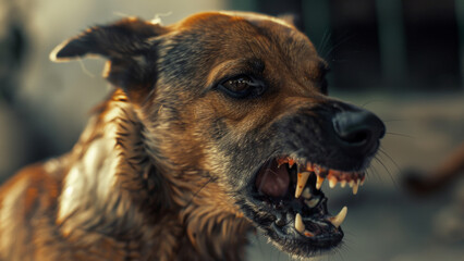 A vigilant dog snarling, showcasing its sharp teeth in a display of aggression or fear.