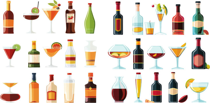 Alcoholic bottles and glasses. Bar menu flat vector icons set