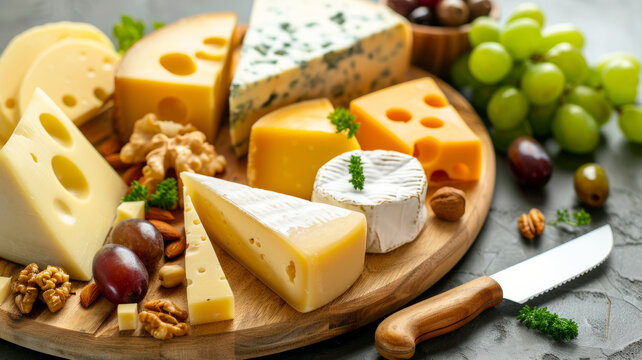 Assortment of gourmet cheeses with nuts and grapes on a wooden board.