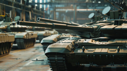 Imposing line of armored tanks in a logistic military facility. - obrazy, fototapety, plakaty