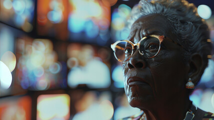 Elderly woman with a distinguished look contemplates amidst vibrant lights.