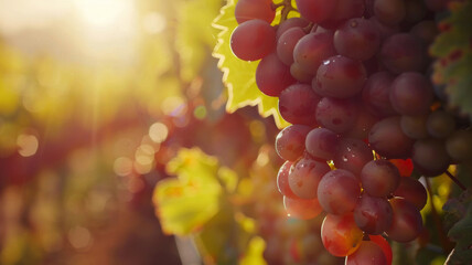 Sunlight bathes ripe vineyard grapes in a warm, peaceful vignette.