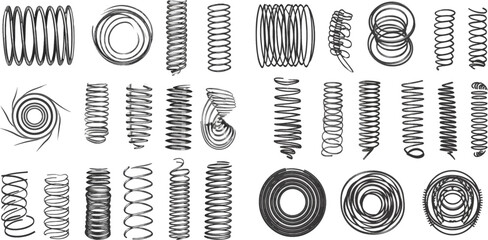 Vape metallic flexible coils, flexibility steel motor spiral doodle. Isolated vector icons set - obrazy, fototapety, plakaty