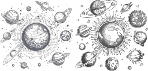 Hand drawn planets orbits, planetary and earth orbit vector illustration set