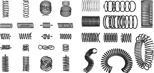 Flexible coils, wire springs and metal coil spirals silhouette - obrazy, fototapety, plakaty