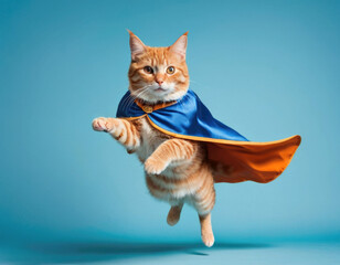 Red cat superhero in a superhero cape flies to the rescue among the clouds