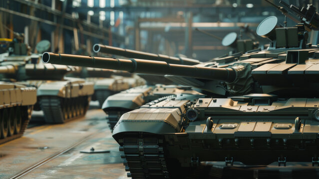 Imposing line of armored tanks in a logistic military facility.