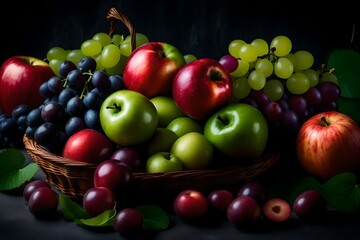 Naklejka na ściany i meble juicy fruits red , green apple, red , green grapes and melon on the fruit basket