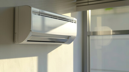 Wall-mounted air conditioner casting shadows in a sunlit modern room.