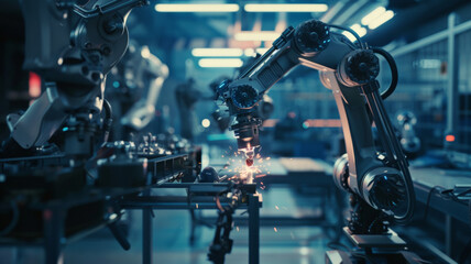 Robotic arm welding with bright sparks in a futuristic manufacturing plant.