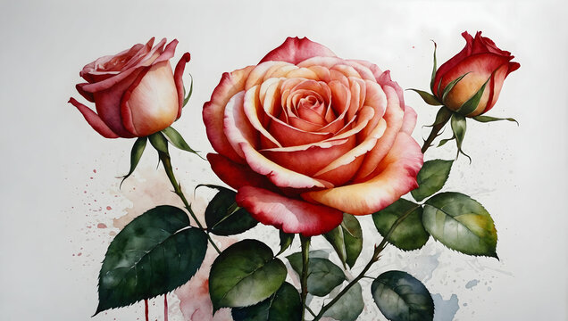 watercolor illustration, blooming red rose flower, bud