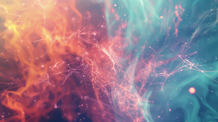 Cosmic dance of vibrant hues and interconnected particles in an abstract universe.