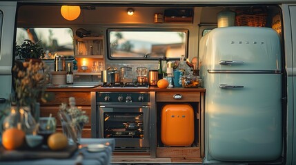 Detailed shot of a vintage camper van's retro-inspired kitchenette, complete with chrome fixtures and compact appliances for on-the-go cooking. - obrazy, fototapety, plakaty
