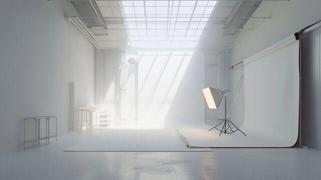 Pristine photography studio with a serene glow awaits the bustle of a creative session.
