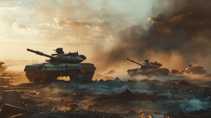 Armored tanks advancing through a dystopian battlefield shrouded in smoke and ash.