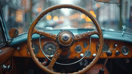 Fototapeten Detailed shot of a vintage car's wooden steering wheel, weathered by years of driving, imbued with a sense of nostalgia. © Talhamobile
