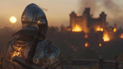 Naklejka premium Knight overlooking a fiery siege on a castle at dawn, a scene of medieval conflict.
