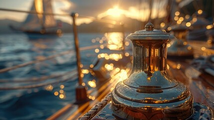 Detailed view of a boat's polished brass bell, gleaming in the sunlight and ready to signal the start of a new nautical adventure. - obrazy, fototapety, plakaty