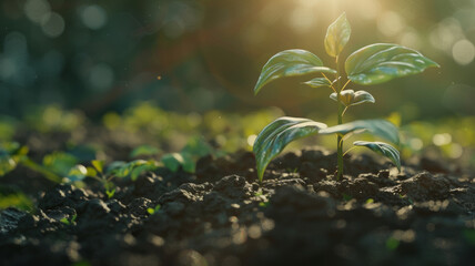 A sprout flourishing in the sunlit soil, depicting new life and growth.