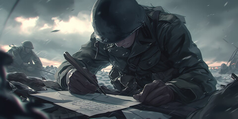 WWII soldier writing a letter home, quiet moment in a makeshift camp, personal reflection, longing for peace,  hyper realistic - obrazy, fototapety, plakaty
