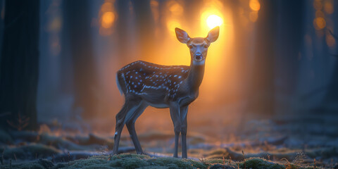 A deer standing in a misty forest clearing at dawn, silent observer, morning's guest, super detailed