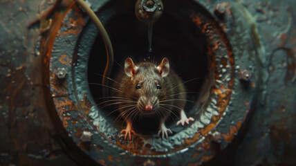 Curious rat peering out from a grungy, circular opening, eyes gleaming.