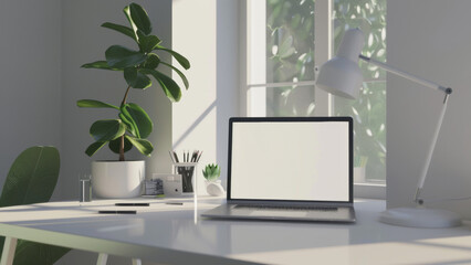 Fototapeta premium Work-from-home setting with a modern laptop on a sunlit minimalist desk.