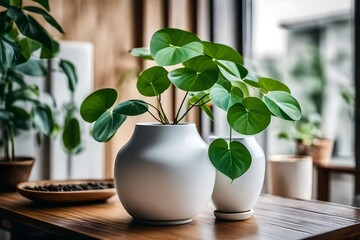 Chinese Money Plant in a white vase on a table