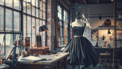 Monochrome mannequin in a designer dress in an artistic studio. - obrazy, fototapety, plakaty