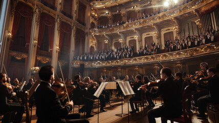 Majestic view of an orchestra performing passionately in an opulent concert hall.