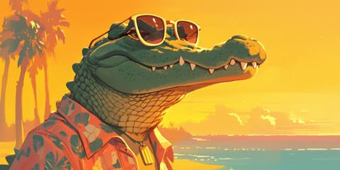 Cool crocodile wearing sunglasses and a vintage swimsuit, strolling along the shoreline, golden hour, laid-back mood,  vibrant Color - obrazy, fototapety, plakaty