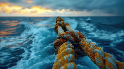 Macro photography of a boat's rope ladder, swaying gently in the breeze against the backdrop of a serene seascape. - obrazy, fototapety, plakaty