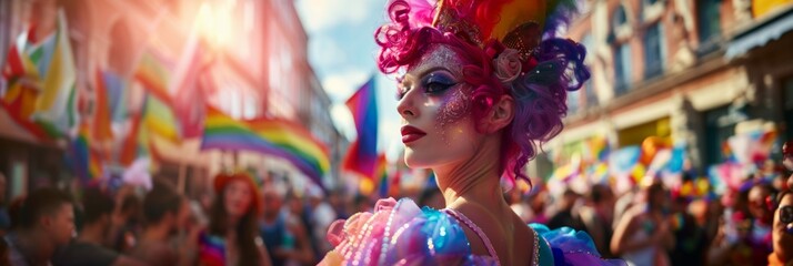 LGBT history month: June is Pride Month. Gay pride parade, Fictional queer or gender non binary person with pink hair: Man with makeup, drag queen, background with rainbow flag - obrazy, fototapety, plakaty